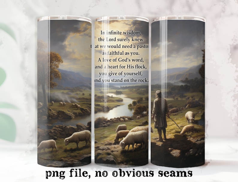 May include: A watercolor painting of a shepherd with a flock of sheep in a green field. The shepherd is standing on a rocky path, and the sheep are grazing in the field. The painting is set against a backdrop of a blue sky and white clouds. The text in the image reads: "In infinite wisdom, the Lord surely knew that we would need a pastor as faithful as you. A love of God's word, and a heart for His flock, you give of yourself, and you stand on the rock."