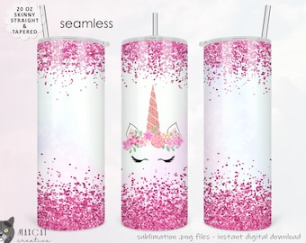 Unicorn Tumbler Wrap Sublimation Png, Pink Glitter Design Tumbler Design, 20 oz Skinny Tumbler Wrap, unicorn Tumbler Wrap