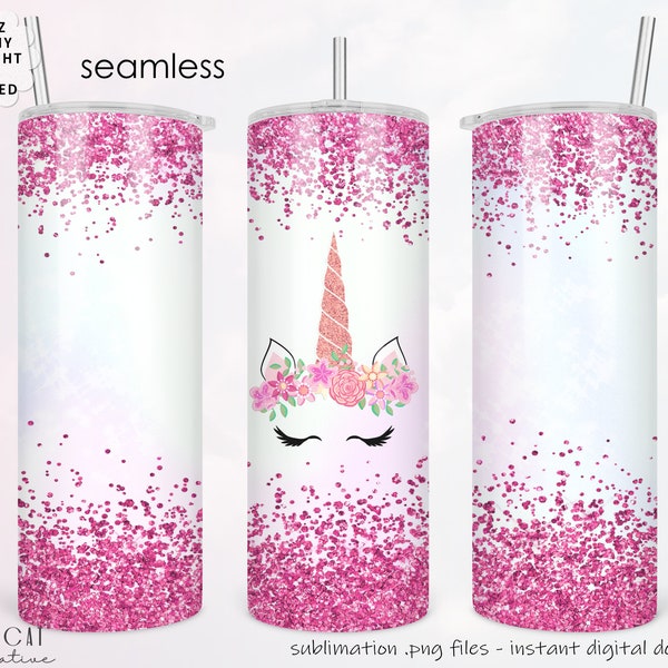 Unicorn Tumbler Wrap Sublimation Png, Pink Glitter Design Tumbler Design, 20 oz Skinny Tumbler Wrap, unicorn Tumbler Wrap