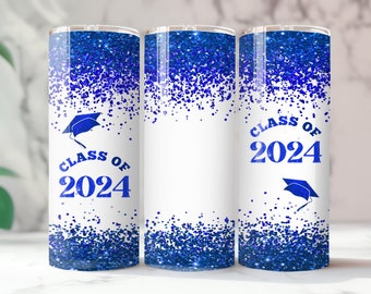 Class of 2024 Blue Sublimation Designs Add Name  Glitter Graduation, 20 oz Skinny Tumbler wrap Straight PNG File Digital Download gift