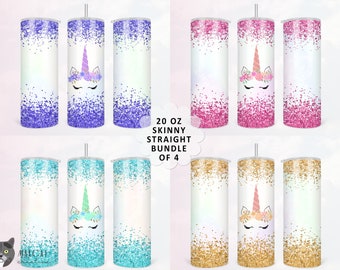 Unicorn Glitter Tumbler Wrap BUNDLE of 4, Sublimation Design Set Tumbler Design, 20 oz Skinny Tumbler Wrap, purple, gold, aqua & pink