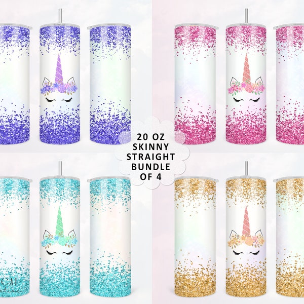 Unicorn Glitter Tumbler Wrap BUNDLE of 4, Sublimation Design Set Tumbler Design, 20 oz Skinny Tumbler Wrap, purple, gold, aqua & pink