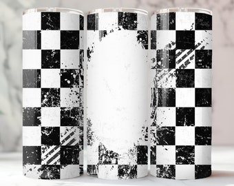 Checkered Racing Tumbler Wrap, Distressed Black White PNG Blank Add Text, Commercial Use Seamless Design 20 oz Skinny Tumbler Sublimation
