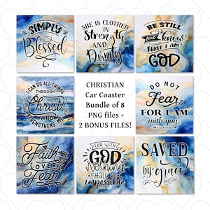 May include: A set of eight Christian car coasters with inspirational quotes and scripture verses. The coasters feature a blue and gold marble design.