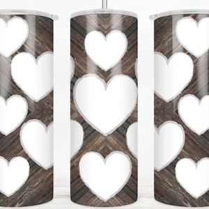 13 Fotobecher 20 Unzen Skinny PNG Sublimationsdesign Herzrahmen PNG-Datei, fügen Sie 13 Bilder, Text Holzbecher Wrap, Scheunenholz