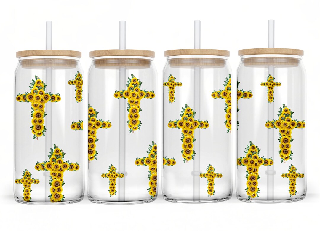 Libbey Glass Can 16 Oz Sublimation Sunflower Crosses PNG Design Wrap ...
