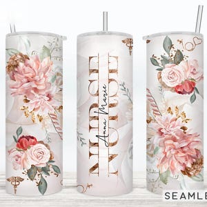 Envoltura para vaso de enfermera, agregar nombre, texto dividido, 20 vasos delgados, diseño floral, sublimación, oro rosa, verde, regalo de enfermera, sin costuras, comercial, 2 archivos