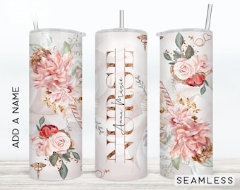 Nurse Tumbler Wrap Add Name Split Text 20 Skinny Tumbler Floral Design Sublimation Rose Gold Green Nurse Gift Seamless, Commercial 2 FILES
