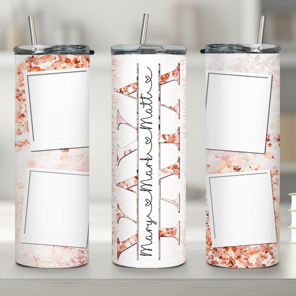 YAYA Picture Tumbler Wrap Pink Marble Glitter Add Kids Names 20 oz Skinny Tumbler Design Wrap Add 4 photos and Text Yaya Photo Tumbler