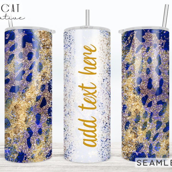 Tumbler Wrap Blank Blue Leopard Print Gold Glitter Foil Tumbler Designs 20 oz 30oz Add Text Skinny Straight Tumbler PNG Digital Download