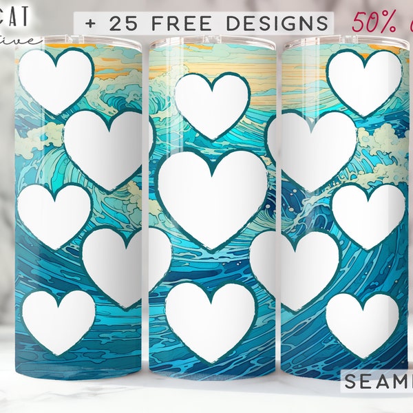 Ocean Abstract Photo Tumbler Design Wrap PNG Sublimation Wrap 20oz Skinny Straight Sublimation Design 13 Heart Pictures Aqua Teal free files