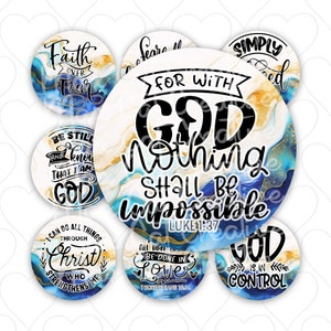 Puede incluir: Conjunto de ocho pegatinas redondas con patrones de mármol azul y dorado. Cada pegatina presenta una cita inspiradora diferente sobre la fe y Dios. Las citas incluyen "Fe sobre el miedo", "Estad quietos y sabed que yo soy Dios", "Porque con Dios nada es imposible", "Simplemente amado", "Todo lo puedo en Cristo que me fortalece", "Que todo se haga con amor", "Dios está en control".