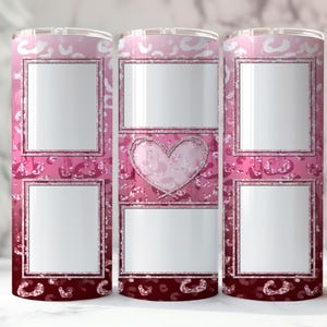 May include: A pink and burgundy tumbler with a leopard print design. The tumbler features three rectangular frames and a heart-shaped design in the center. The design is repeated on all three tumblers.