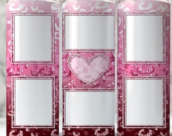 6 Picture Collage Pink Template, Tumbler PNG Gradient Glitter Animal Print, Heart Family Photo Design Wrap 20oz Skinny Tumbler Seamless