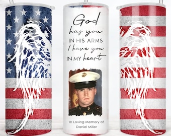 Veteran Memorial Sublimation Tumbler Designs Custom Photo, 20 oz Skinny Straight Tumbler PNG File Download Flag Angel Wings God has You wrap