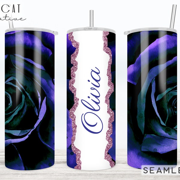 Purple Rose Flower Tumbler Design Wrap Add Name Text Sublimation  20 oz Skinny Tumbler 30 oz PNG 2 FILES Dark Purple Turquoise Rose Gold