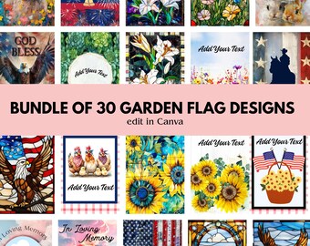 Garden Flag PNG Sublimation Design Bundle, Templates Edit in Canva, 12x18 Set 30 Sublimation Designs, Add Text, Photos