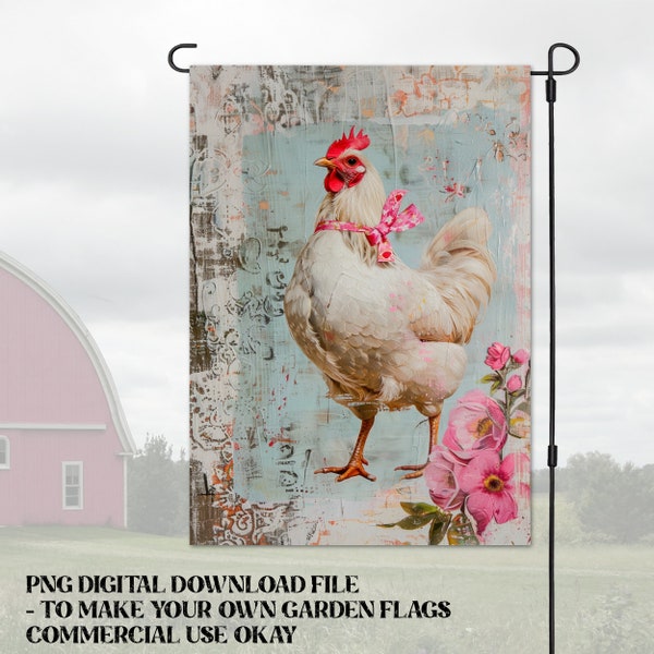 Garden Flag PNG Chicken Pink Coquette, French Country 12x18 Digital Download Spring Summer Template, Western Girly Hen, Commercial USE