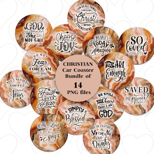 May include: Set of 14 round car coasters featuring inspirational Christian quotes and scripture verses. The coasters have a marbled background in shades of brown, orange, and gold.