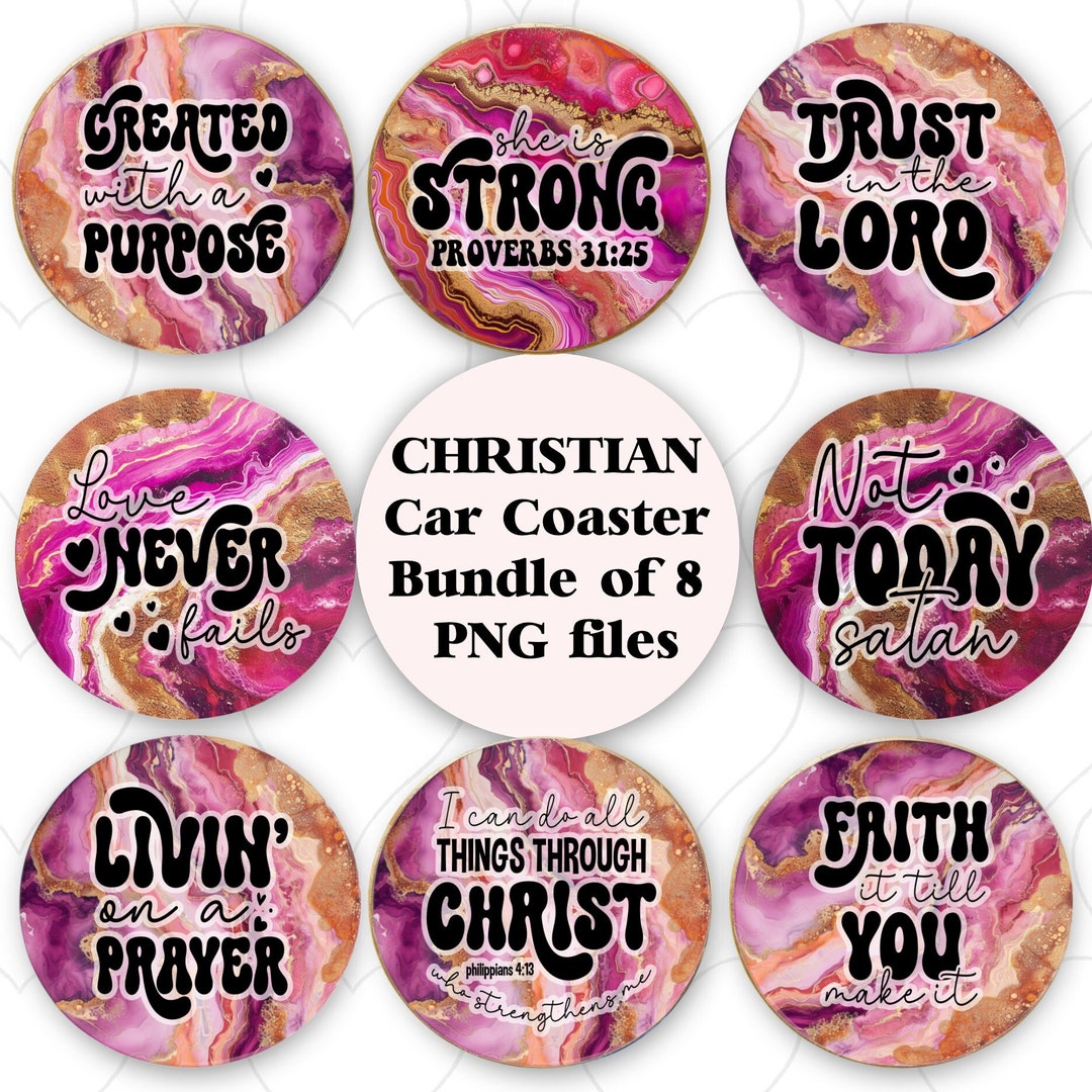Christian Car Coasters 8 PNG Bundle, Retro Pink Gold Agate, Scriptures ...