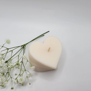May include: A white heart-shaped candle with a wick in the center, surrounded by a small bouquet of white baby's breath flowers.