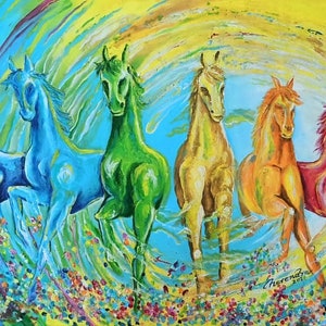 Original 7 Pferde Gemälde – Vastu Shastra Acryl-Kunst für Zuhause und das Büro