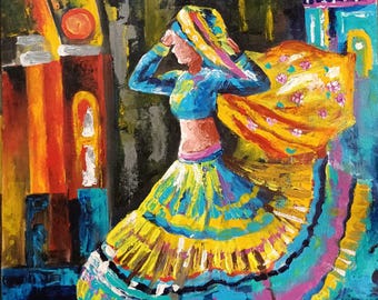 Akrylmålning av Rajasthani-dansare: Indisk folkkonst (45 x 60 cm)