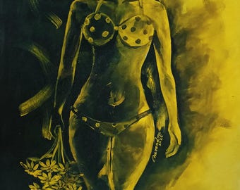 Black Woman Art: Original Acrylic Painting on Canvas, 48x24"