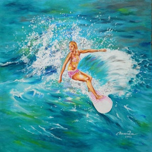 Original Handmade Surfing Painting – Ocean Waves Acrylic Art