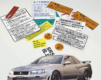 Etiqueta de advertencia para restauración del Nissan Skyline R34 GT-R. Precaución: Pegatinas para el compartimento del motor bajo el capó.