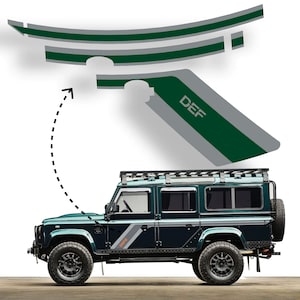 May include: A green Land Rover Defender with a roof rack and a green and gray stripe decal on the side. The decal says "DEFENDER" in white letters.