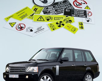 May include: A black Range Rover SUV with a license plate that reads "SS 356". The car is surrounded by various warning stickers, including "Genuine Parts Antifreeze Do Not Drain", "SRS", and "Refer to Owners Manual".