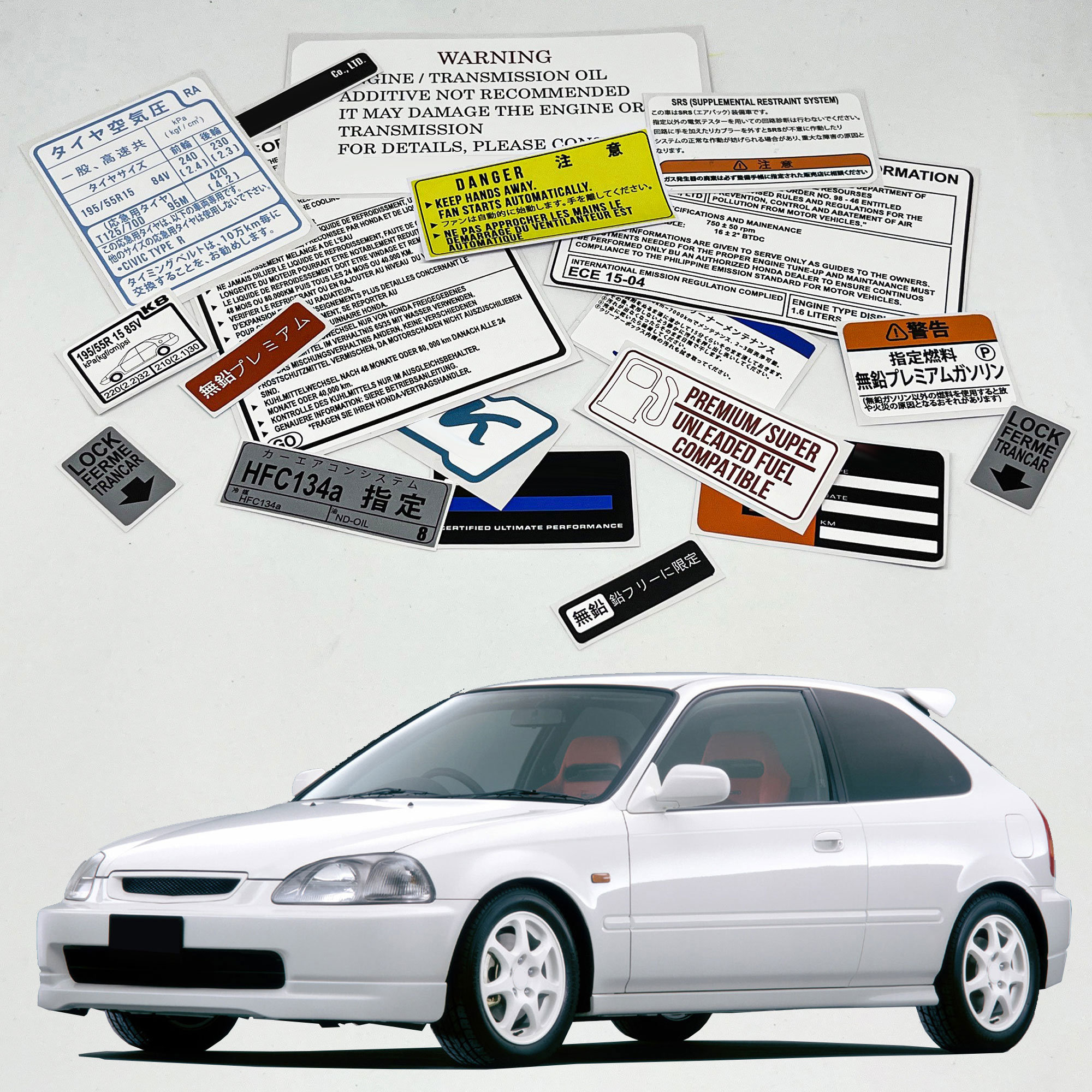 Honda Civic EK9 EM1 1995 2001 Restoration Warning Caution Underbonnet Engine Bay Stickers Label