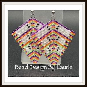 May include: A pair of diamond-shaped beaded earrings featuring a geometric pattern in white, purple, orange, lime green, and black. The earrings are constructed from small, uniform beads arranged in a chevron design with silver-toned metal hooks.