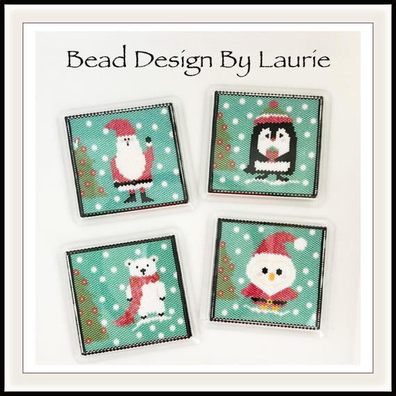 Christmas Beaded Peyote Stitched Coaster set of four, Digital Pattern of Santa, Penguin, Owl, and Polar Bear