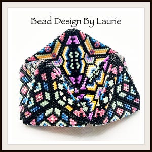 May include: A beaded box with a geometric pattern in shades of pink, blue, yellow, and green on a black background. The box is folded into a triangular shape. The text "Bead Design By Laurie" is visible at the top of the image.