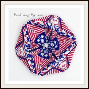May include: A red, white, and blue beaded flower with a geometric design. The flower is made of small beads and has a 3D effect. The flower is a unique and beautiful piece of art.