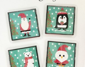 Christmas Beaded Peyote Stitched Coaster Digital Patten of Santa, Penguin, Owl, and Polar Bear