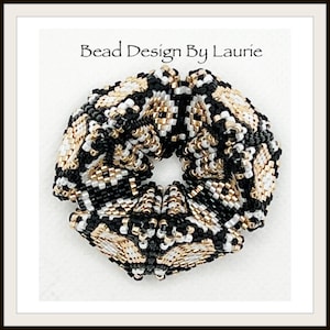 May include: A black, white and gold beaded bracelet with a geometric design. The bracelet is made of small beads and has a unique, intricate pattern.