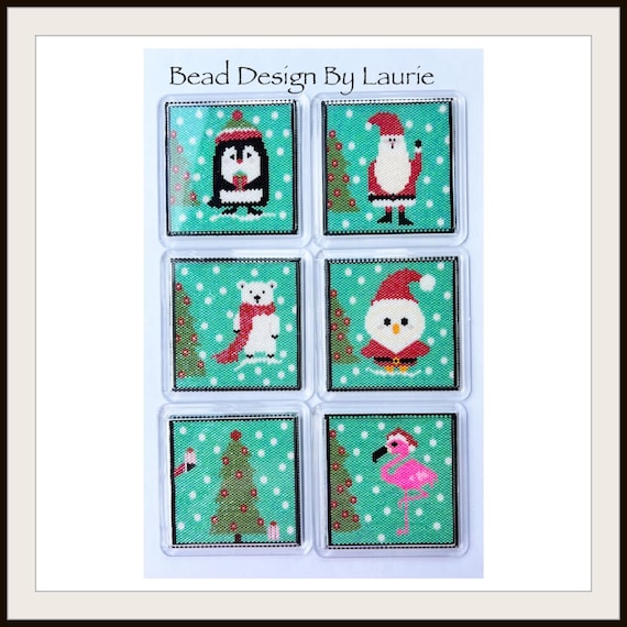 Christmas Peyote Stitched Coasters Digital Patterns, Santa, Polar bear, Flamingo, Tree, Penguin, Owl