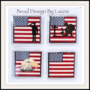 May include: Four square coasters with an American flag design. Each coaster features a different image: a soldier saluting, a construction worker, a bald eagle, and a plain flag.