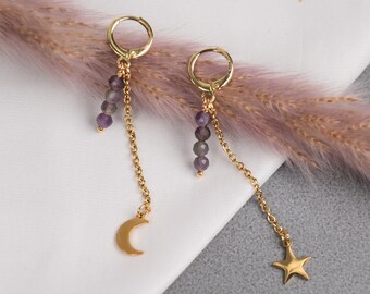 Amethyst earrings with moon and star charms