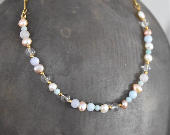 Featured listing image: Delicate necklace with freshwater pearls and gemstones