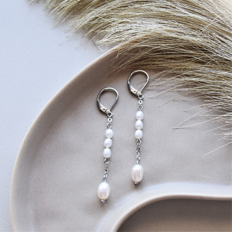 Freshwater pearl earrings/Dainty Pearl Earrings/Pearl dangle earrings/Dangly real pearl earrings/Bridal pearl earrings image 1
