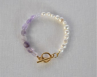 Half half pearl and amethyst bracelet/Crystal bracelet/Pearl bracelet/Amethyst bracelet