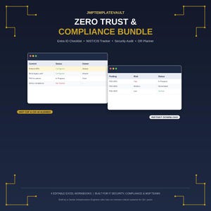 May include: A digital Zero Trust & Compliance Bundle template featuring two spreadsheet windows displaying control, status, and risk data. Text includes JMPTEMPLATEVAULT, Entra ID Checklist, NIST/CIS Tracker, Security Audit, DR Planner, and NIST CSF & CIS v8 ALIGNED.