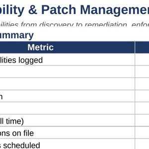 May include: A digital dashboard titled Vulnerability & Patch Management Tracker displaying a Program Summary table. The table lists metrics including total vulnerabilities logged as 1, active exceptions on file as 1, and patch windows scheduled as 5.