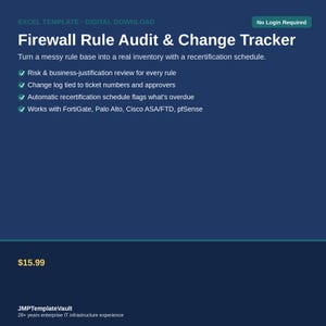 Può includere: Un modello Excel digitale blu scuro per un tracker di audit e modifiche delle regole del firewall. Include un programma di ricertificazione, revisione dei rischi, registro delle modifiche con numeri di ticket e compatibilità con FortiGate, Palo Alto, Cisco ASA/FTD e pfSense.