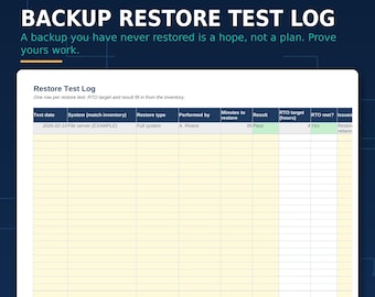 Backup Restore Test Log Excel Spreadsheet | Disaster Recovery Testing Tracker for IT Admins (Digital Download)