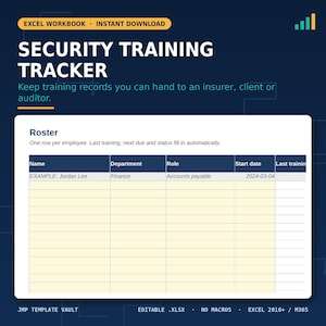 Könnte beinhalten: Eine digitale Excel-Arbeitsmappenvorlage mit dem Titel Security Training Tracker auf dunkelblauem Hintergrund. Die Tabelle enthält eine Roster-Übersicht mit Spalten für Name, Department, Role, Start date und Last training inklusive Beispiel.